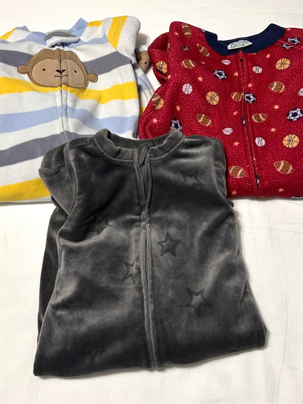 3-6 Month Sleepers Footie 3 pieces! Gray Velour, Stripes and Sports Excellent